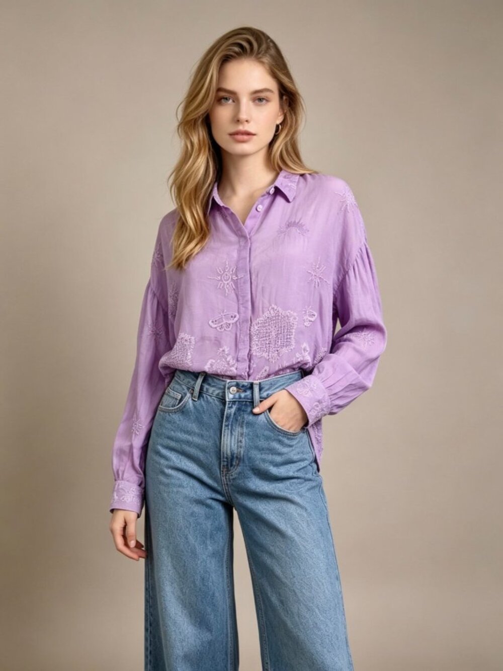 NWOT Johnny Was Embroidered Floral Boho Button-Down Shirt Blouse Purple Sz M